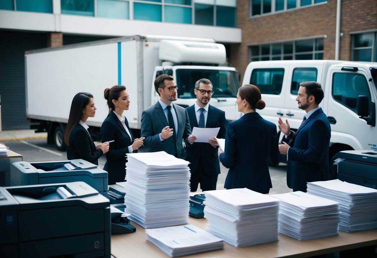 Un bureau animé avec des imprimantes, des photocopieuses et des piles de papier. Un camion de livraison garé à l'extérieur. Un groupe de personnes discutant de contrats et de propositions.