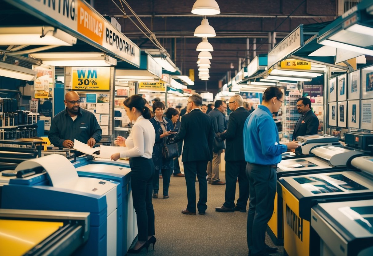 Une scène de marché animée avec divers vendeurs d'impression et de reprographie présentant leurs produits et services, tandis que des clients potentiels observent et comparent les offres.