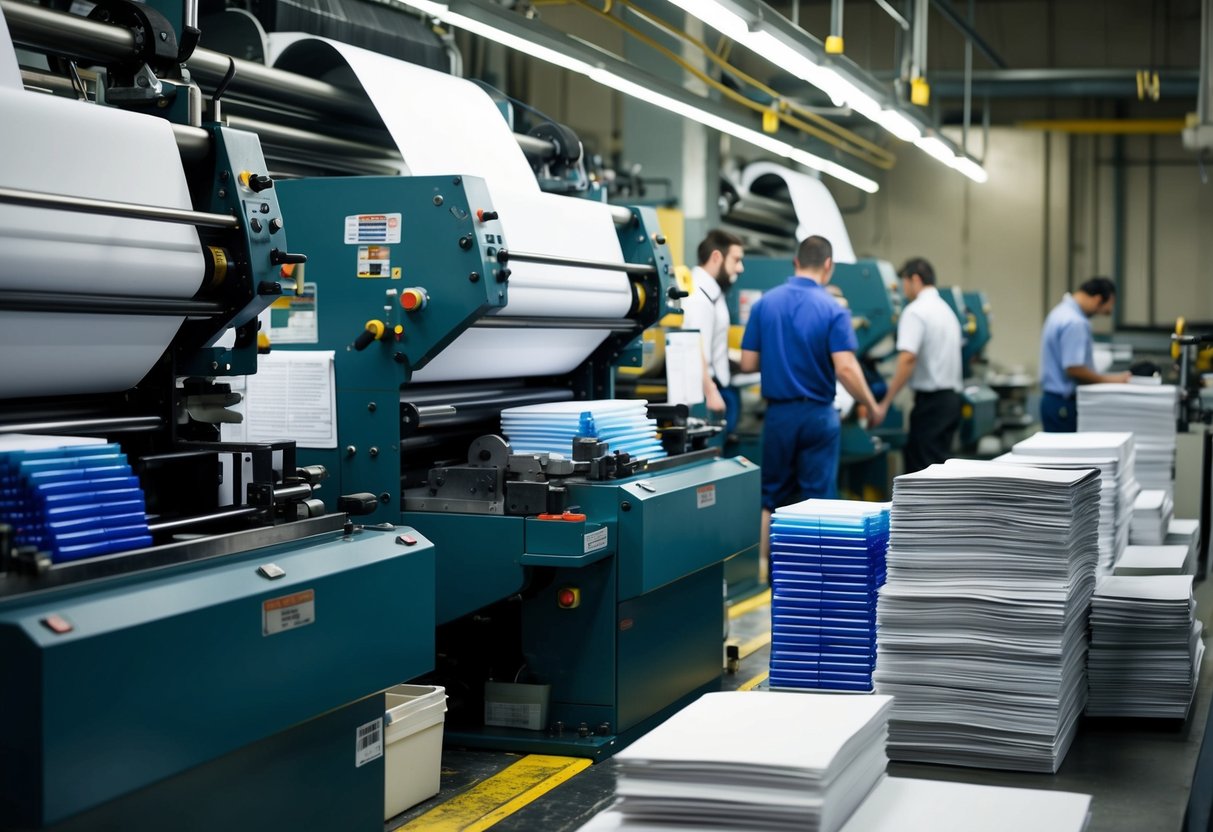 Une imprimerie animée avec des piles de papier et des cartouches d'encre, entourée de travailleurs opérant de grandes machines.