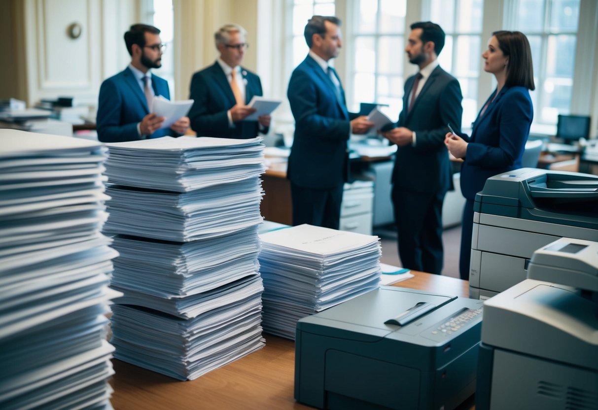 Un bureau gouvernemental animé avec des piles de documents imprimés, des imprimantes et des photocopieuses, tandis que des fonctionnaires discutent des questions fiscales et réglementaires.