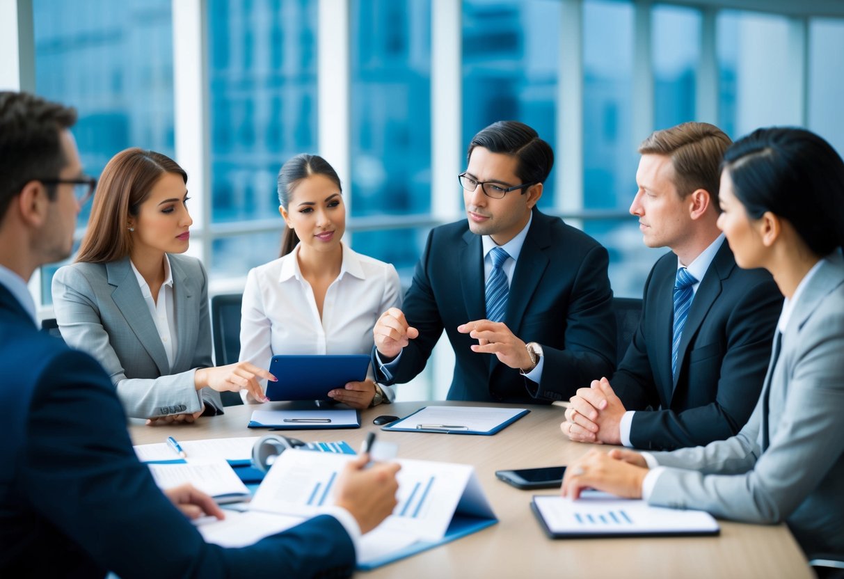 Un groupe de professionnels des affaires discutant et analysant la performance du marché public dans un cadre de salle de réunion.