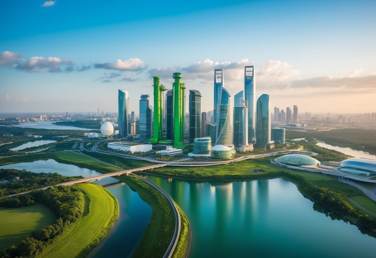 Une skyline urbaine animée avec des infrastructures vertes et des projets d'énergie renouvelable, entourée de paysages luxuriants et de voies navigables propres.
