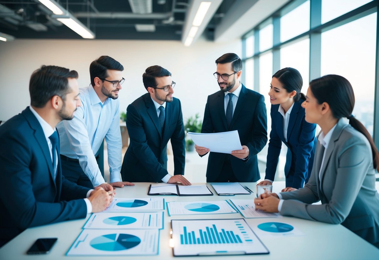 Un groupe de professionnels discutant de projets environnementaux et de développement durable dans un cadre de bureau moderne avec des documents techniques et des graphiques sur la table.
