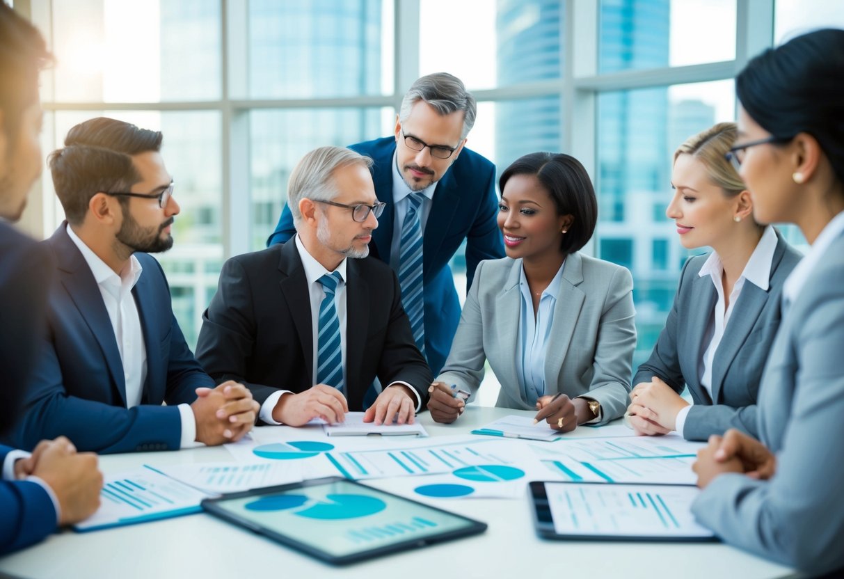 Un groupe de professionnels discutant des aspects financiers et procéduraux de l'obtention de contrats publics pour le conseil en environnement et en développement durable.