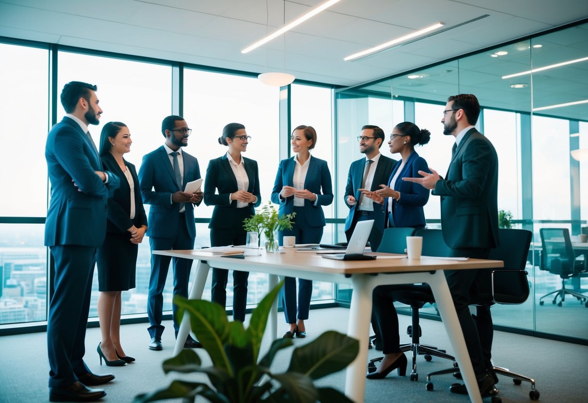 Un groupe de professionnels discutant des stratégies environnementales et de développement durable dans un cadre de bureau moderne.