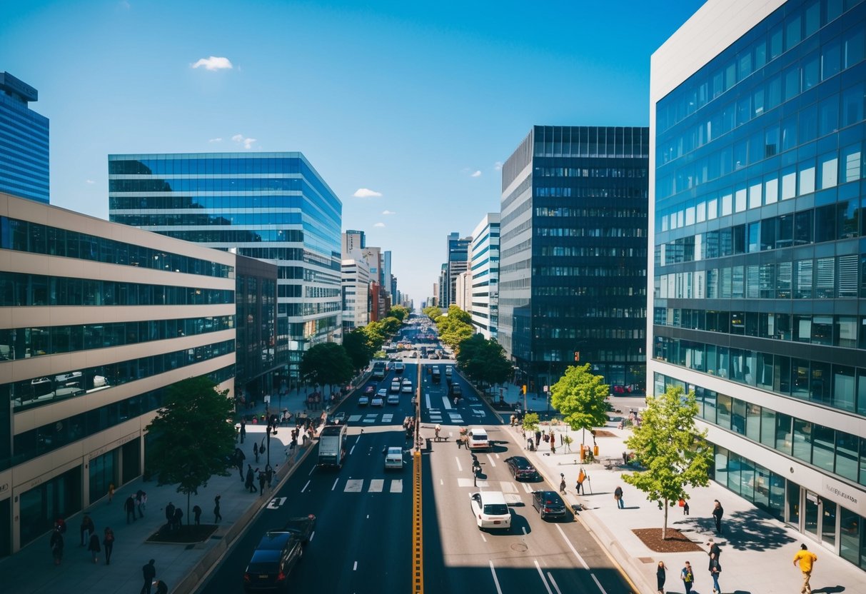 Une rue animée de la ville avec des immeubles de bureaux modernes, un mélange de piétons et de véhicules, et un ciel bleu clair au-dessus.