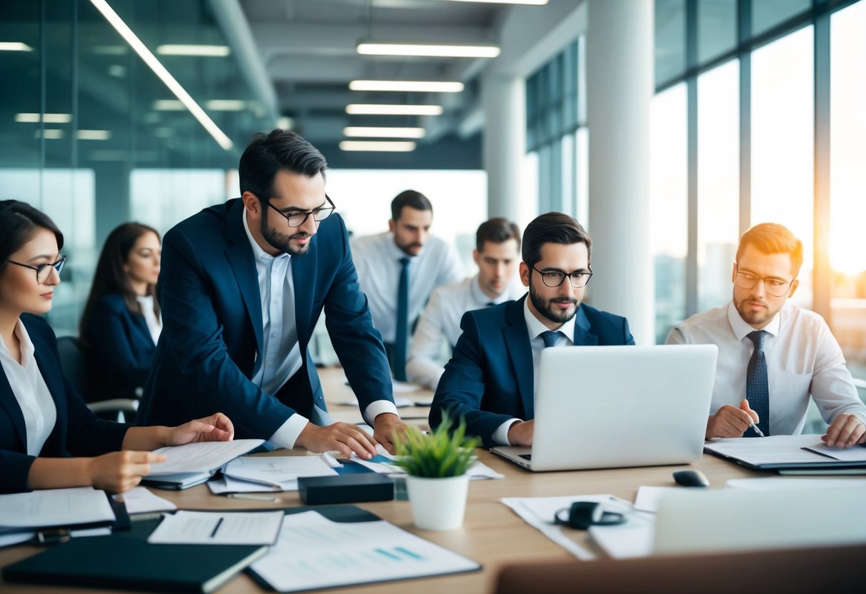 Un bureau occupé avec des employés gérant des ressources et travaillant de manière autonome pour remporter des contrats publics pour des services de conseil en sécurité et en prévention des risques.