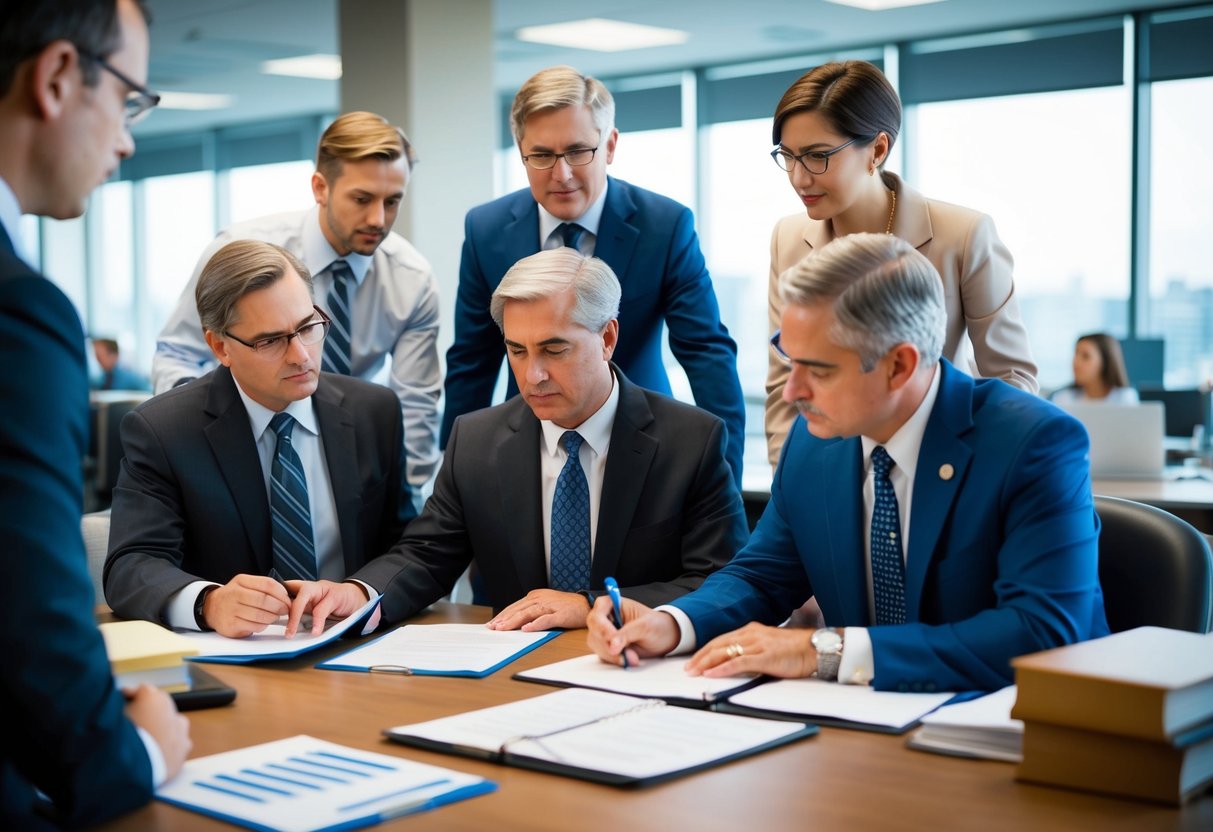 Un bureau gouvernemental animé avec des fonctionnaires examinant et discutant des propositions d'enquête et de recherche pour des contrats publics.