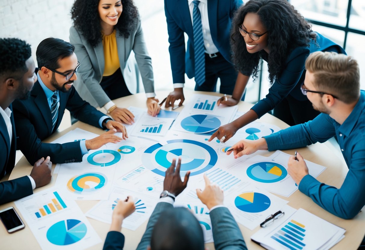 Un groupe d'individus divers réfléchissant et collaborant autour d'une table, entouré de graphiques, de tableaux et de documents de recherche.