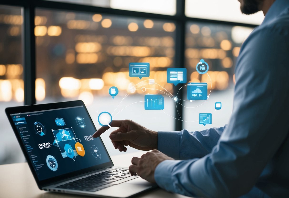 Une personne utilisant des outils numériques pour réaliser des enquêtes et des recherches pour des contrats publics