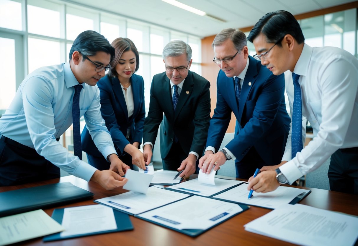 Un groupe de fonctionnaires examinant et tamponnant des documents dans un bureau gouvernemental