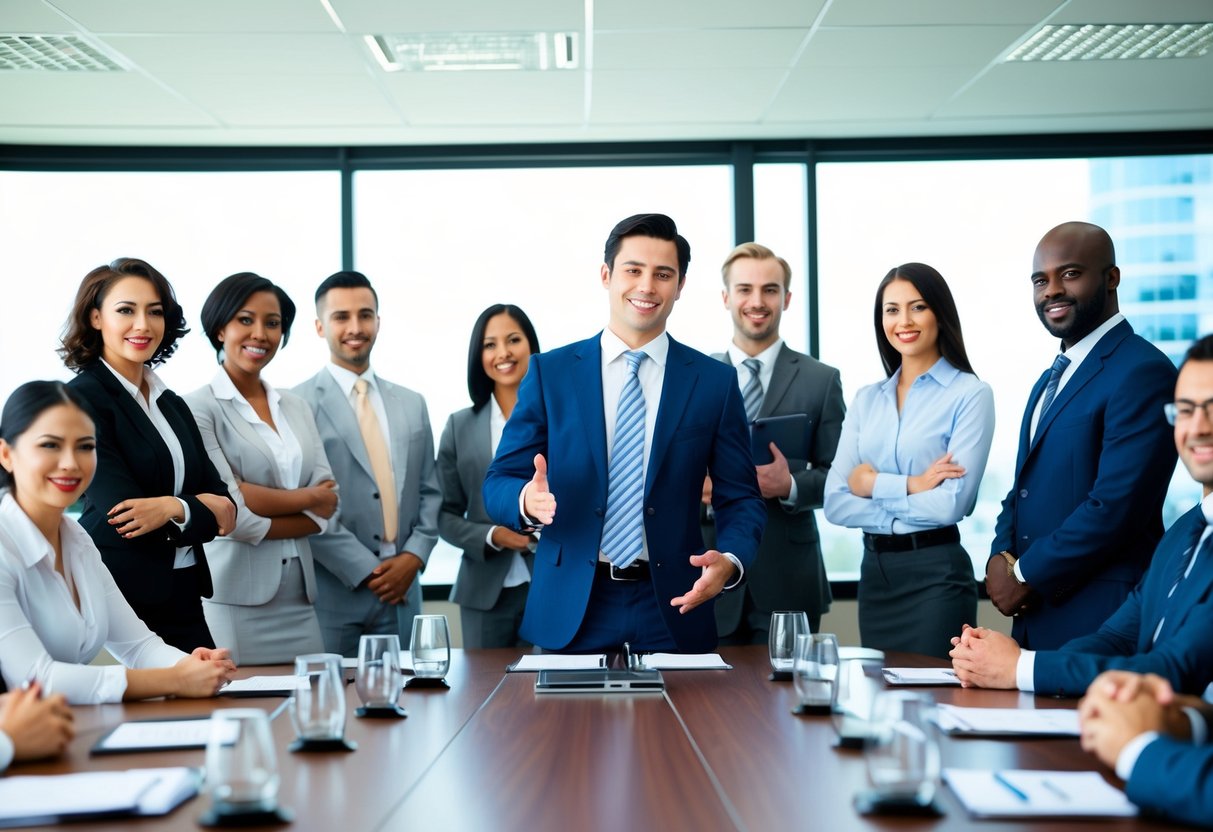 Un groupe de professionnels divers présentant avec confiance leurs compétences et leur expertise lors d'une réunion en salle de conseil.