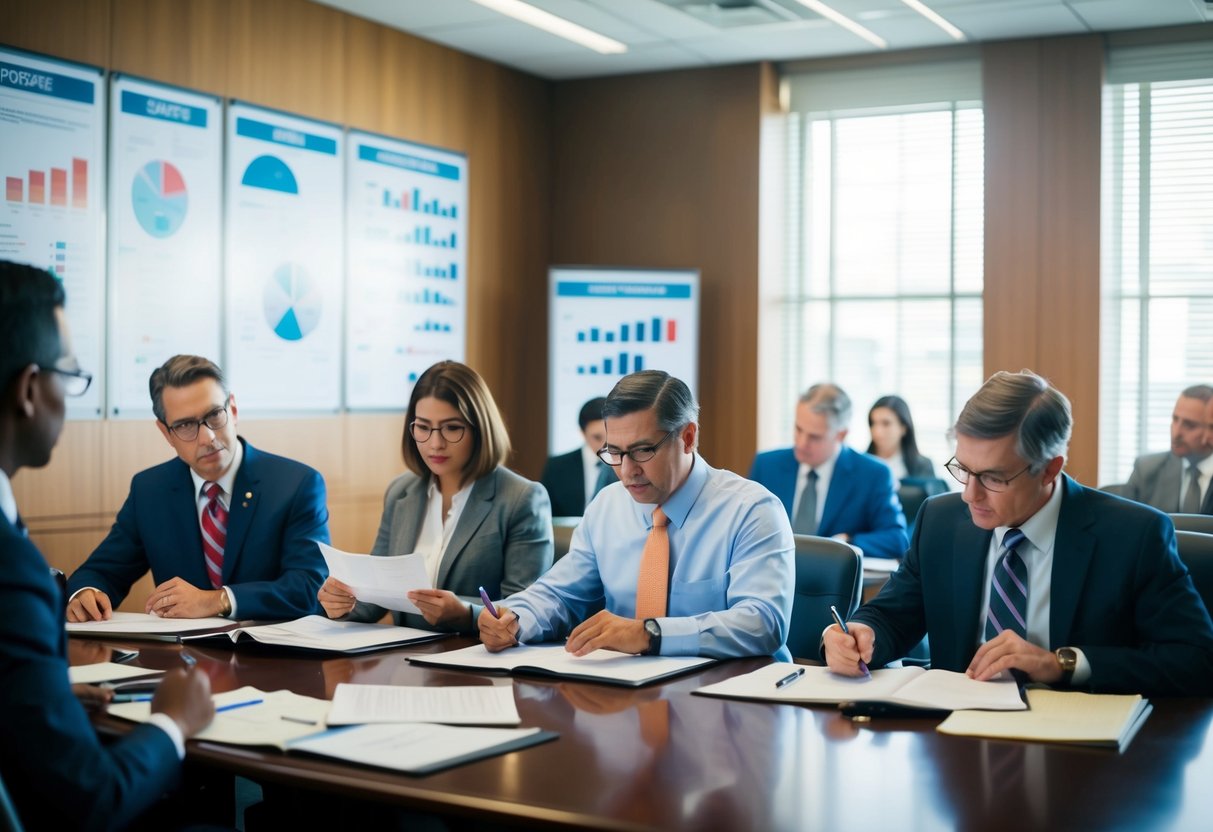 Un bureau gouvernemental occupé avec des fonctionnaires examinant des propositions d'enquête et des graphiques d'analyse de données sur les murs.