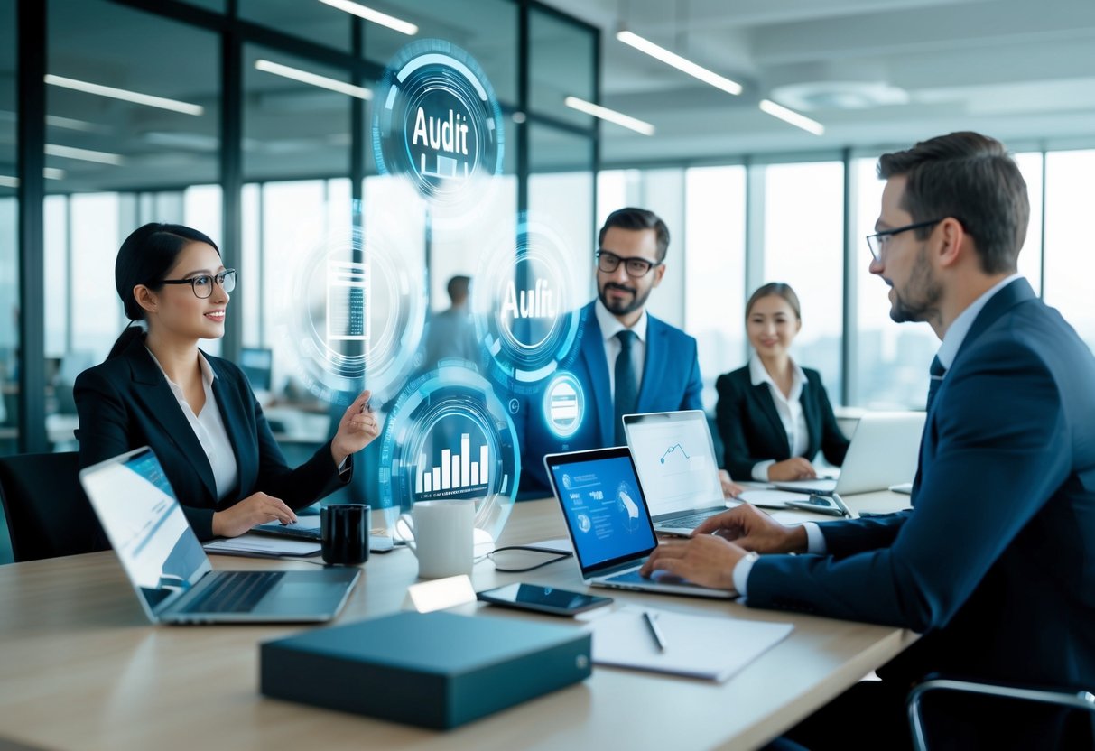 Un bureau moderne avec une technologie innovante intégrée dans le processus d'audit. Une atmosphère dynamique et professionnelle axée sur l'efficacité financière et organisationnelle.