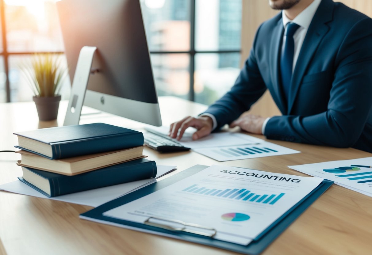 Un bureau avec un ordinateur, des documents et une pile de livres sur la comptabilité. Une personne se préparant à répondre aux appels d'offres publics pour une expertise comptable.