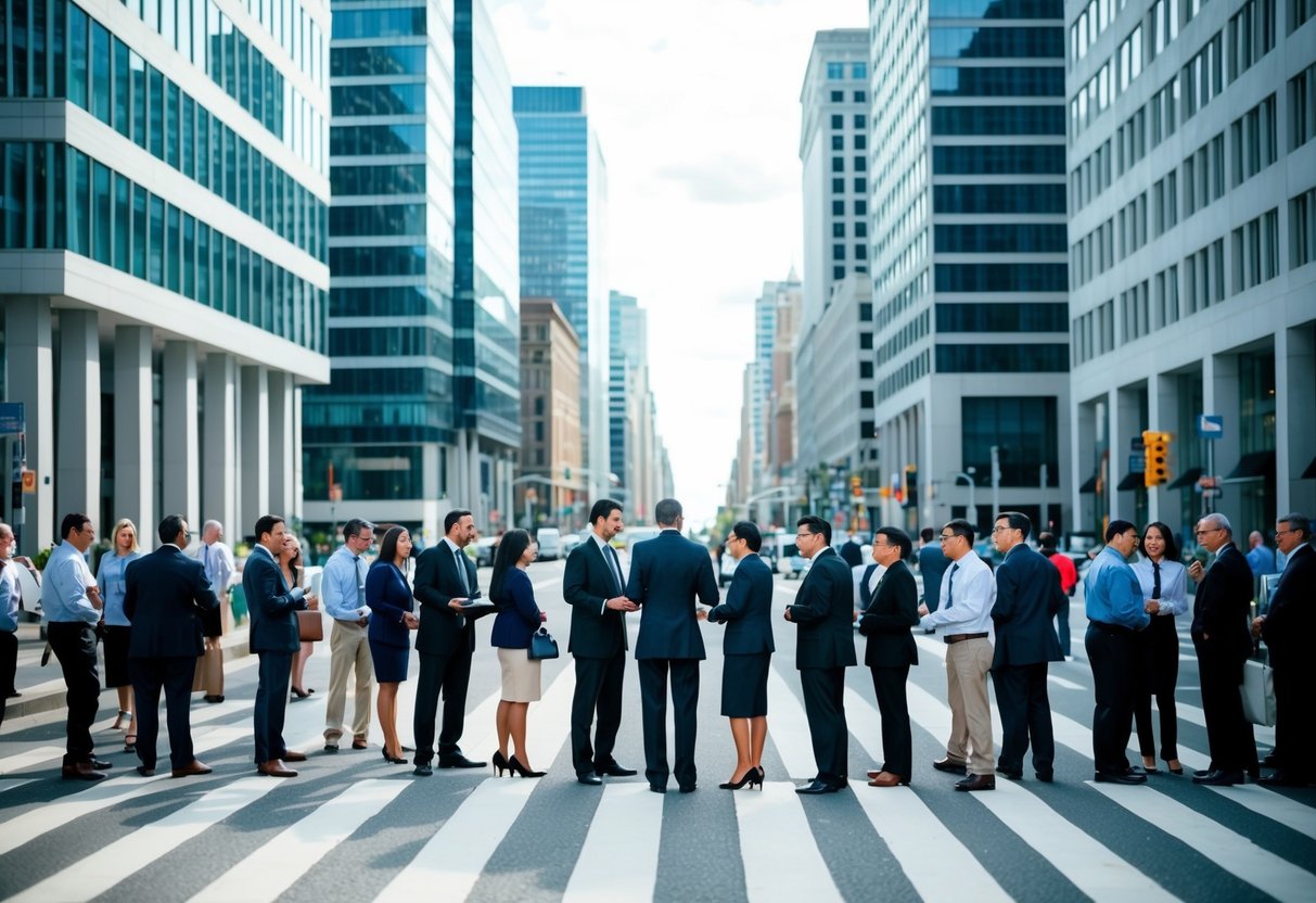 Une rue animée de la ville avec des bâtiments gouvernementaux modernes et une foule de professionnels discutant de services comptables.