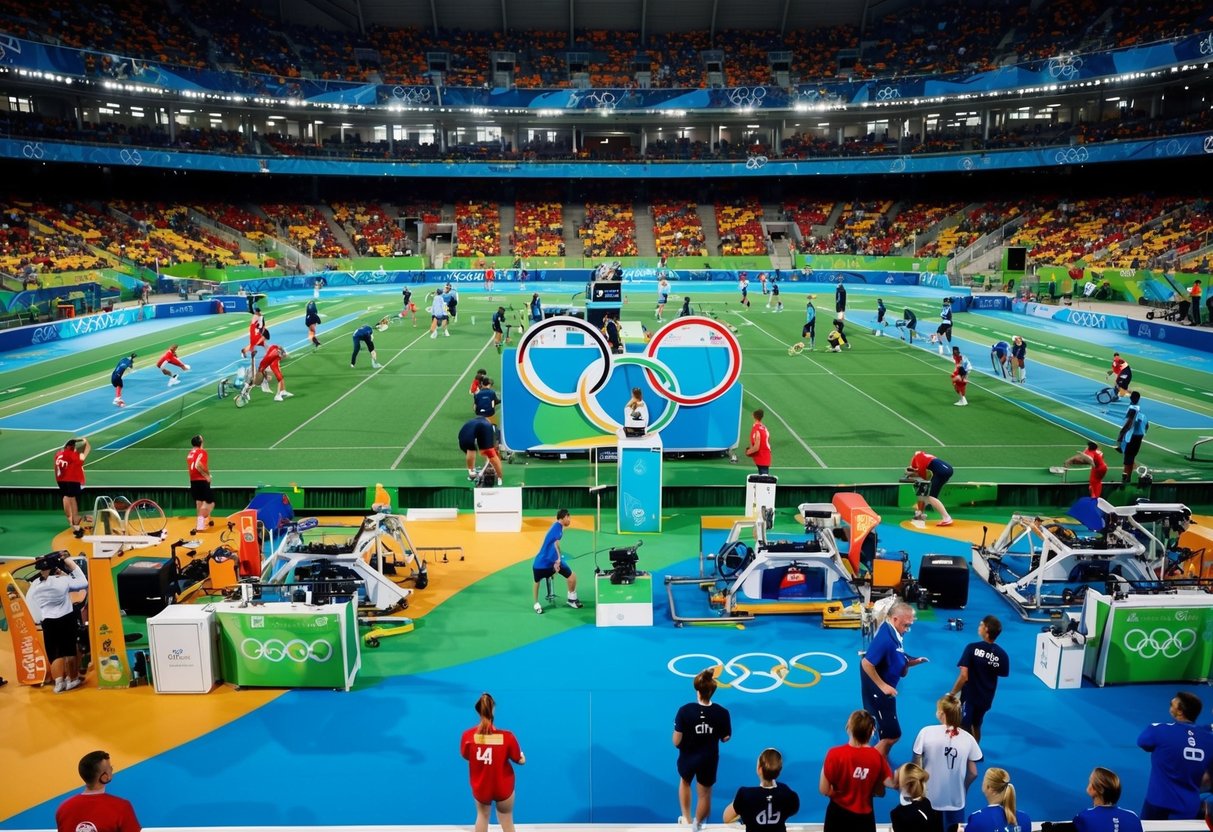 Un stade olympique animé rempli de divers équipements sportifs utilisés et présentés par des athlètes et des spectateurs.