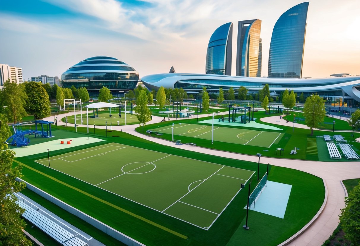 Un parc urbain animé avec divers équipements et installations sportives, entouré de bâtiments futuristes et de designs innovants.