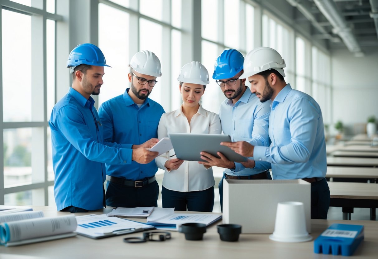 Un groupe d'ingénieurs et d'architectes préparant et soumettant une offre pour un projet de sanitation publique