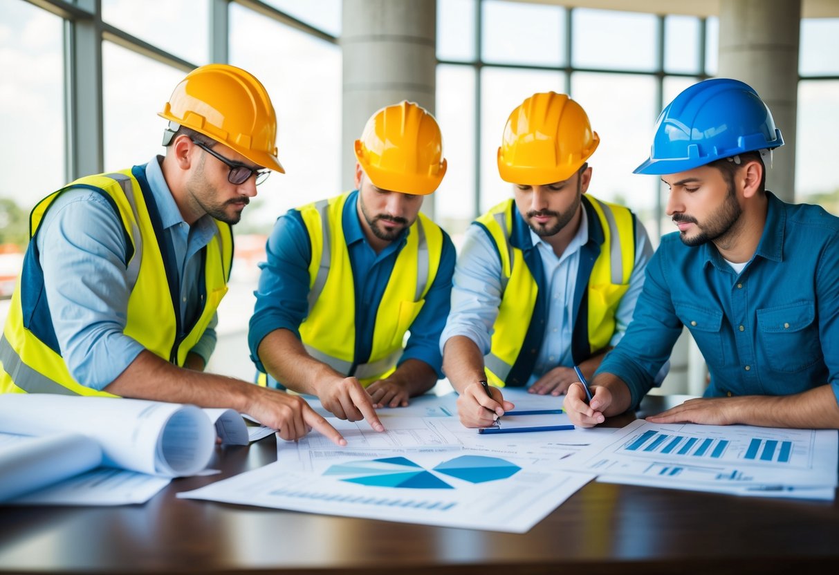 Un groupe de travailleurs de la construction soumet des offres pour un projet de sanitation publique. Des plans et des documents sont étalés sur une table alors qu'ils discutent de leurs propositions.