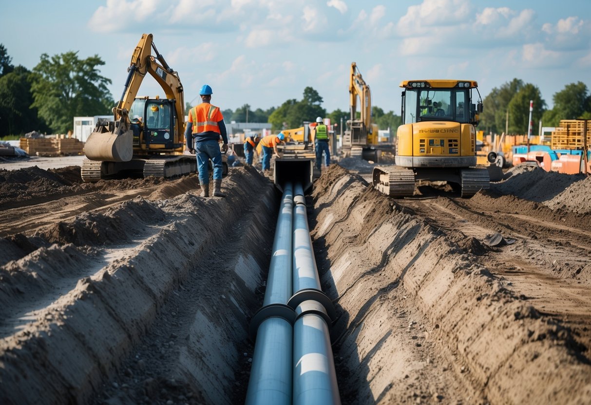 Un chantier de construction avec des ouvriers et des machines lourdes creusant et posant des tuyaux pour un projet de sanitation publique