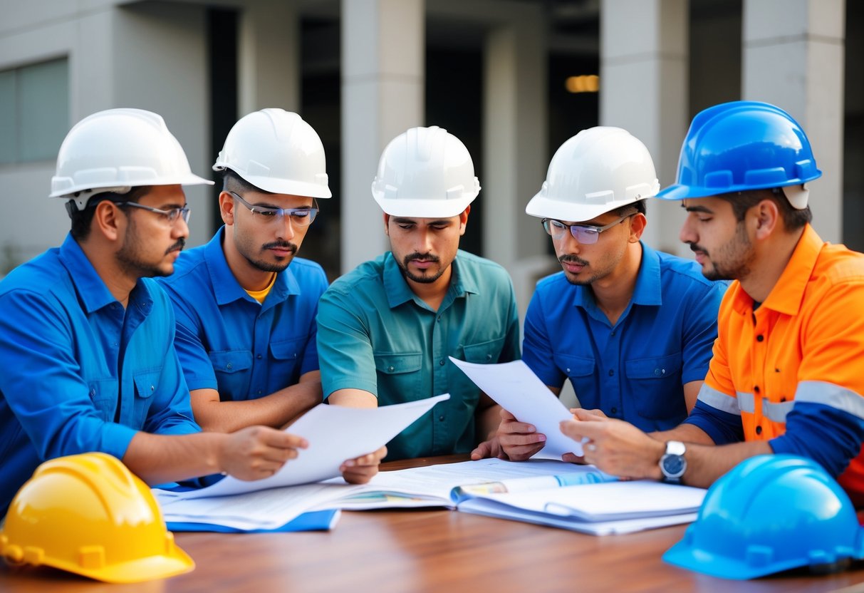 Un groupe de travailleurs de la construction et d'ingénieurs discutant des plans et des documents pour un projet de sanitation publique