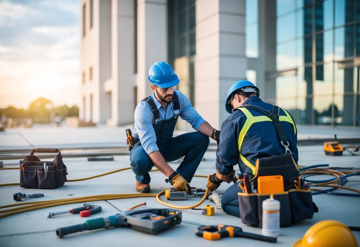 Un plombier, technicien en chauffage et climatisation travaillant sur un projet de bâtiment public à grande échelle. Outils et équipements éparpillés autour de la zone de travail.