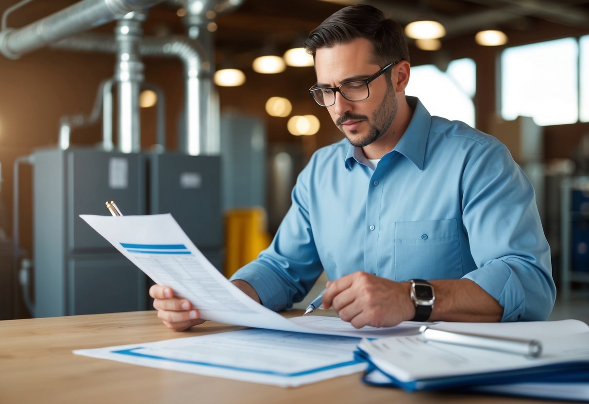 Un plombier examinant des documents d'appel d'offres pour un projet public de chauffage et de climatisation