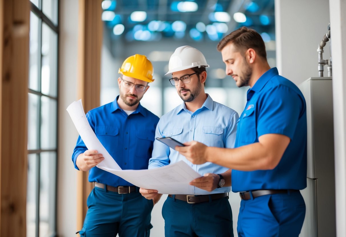 Un plombier et un technicien en CVC examinant des plans et discutant des stratégies pour remporter un contrat public