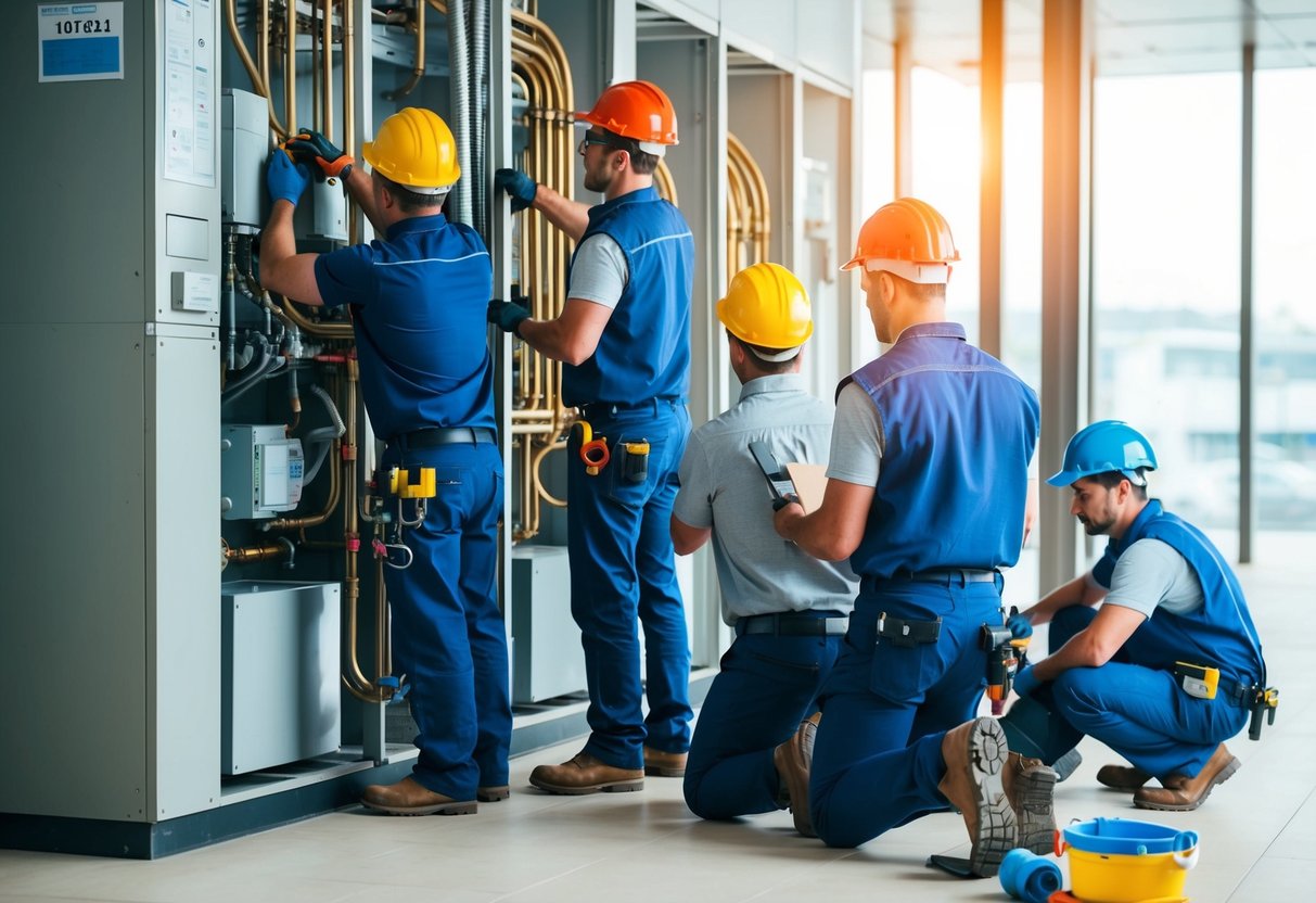 Un groupe de travailleurs installant des systèmes de plomberie, de chauffage et de climatisation dans un bâtiment public