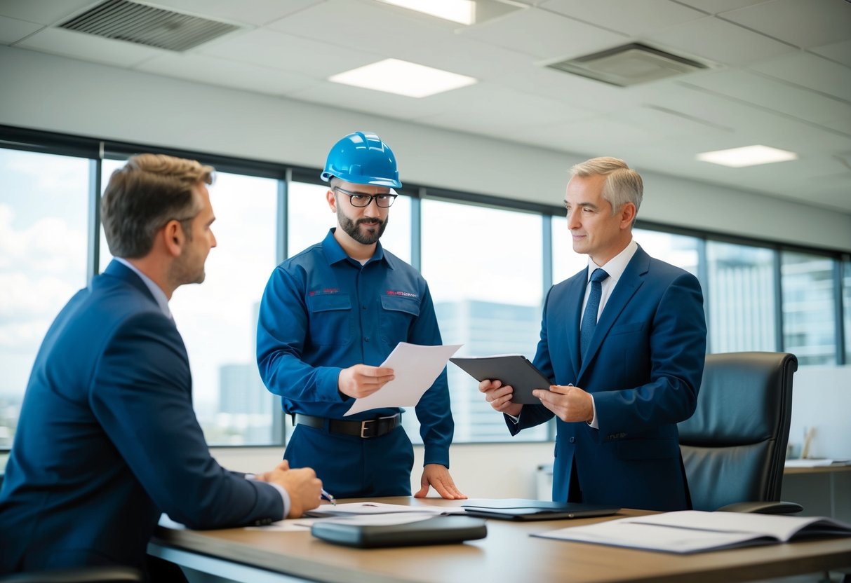 Un plombier, technicien en chauffage et en climatisation présentant une proposition à un fonctionnaire gouvernemental dans un bureau.