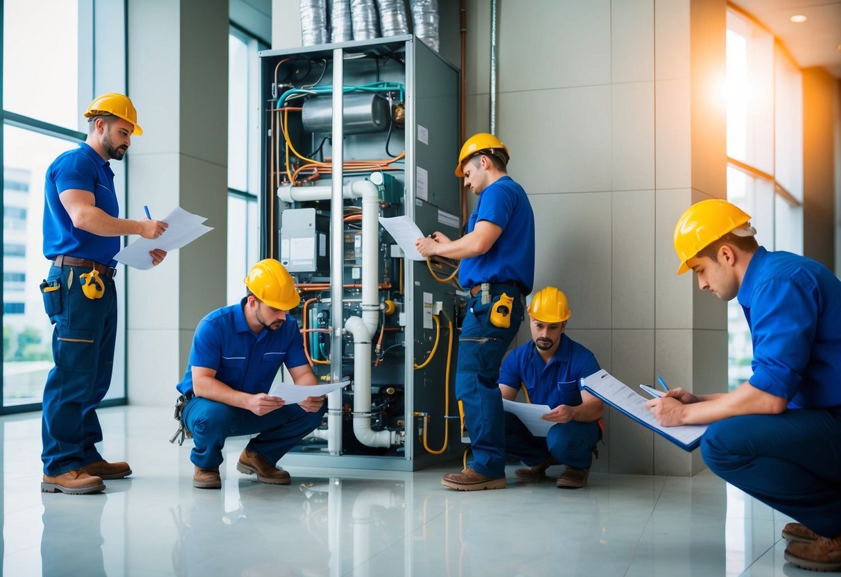 Un groupe de travailleurs installant des systèmes de plomberie, de chauffage et de climatisation dans un bâtiment public, tout en consultant des documents juridiques.