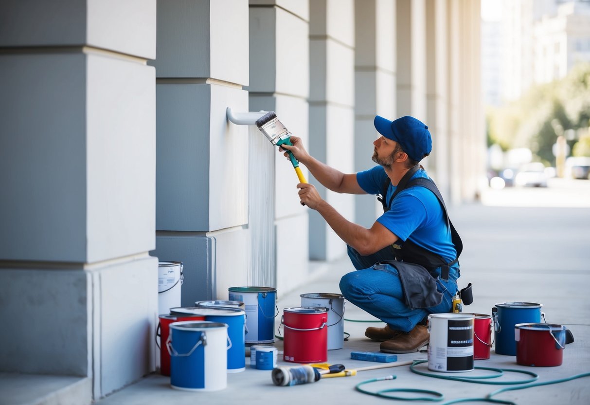 Un peintre appliquant soigneusement une nouvelle couche de peinture sur un grand bâtiment public, entouré de divers pots de peinture et outils.