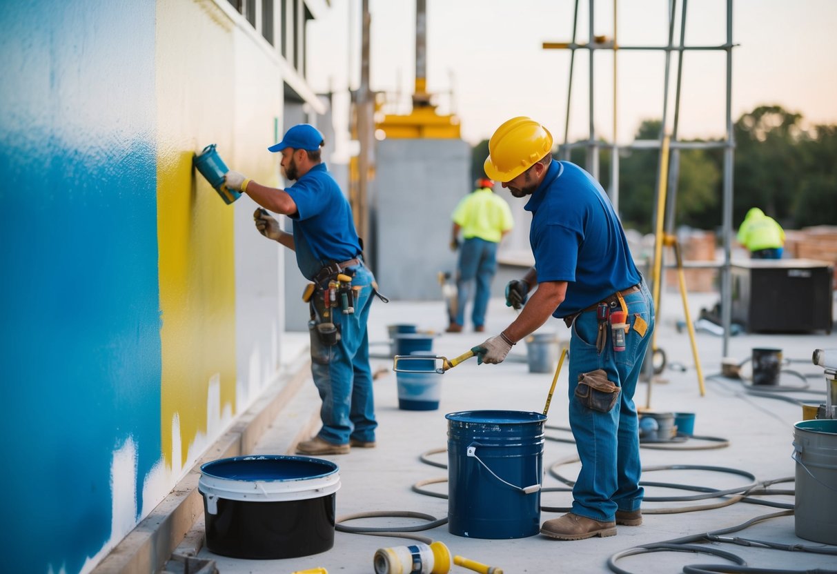 Un chantier de construction avec des peintres appliquant divers revêtements sur des surfaces, mettant en avant des techniques et des équipements spécifiques pour remporter des contrats de peinture publics.