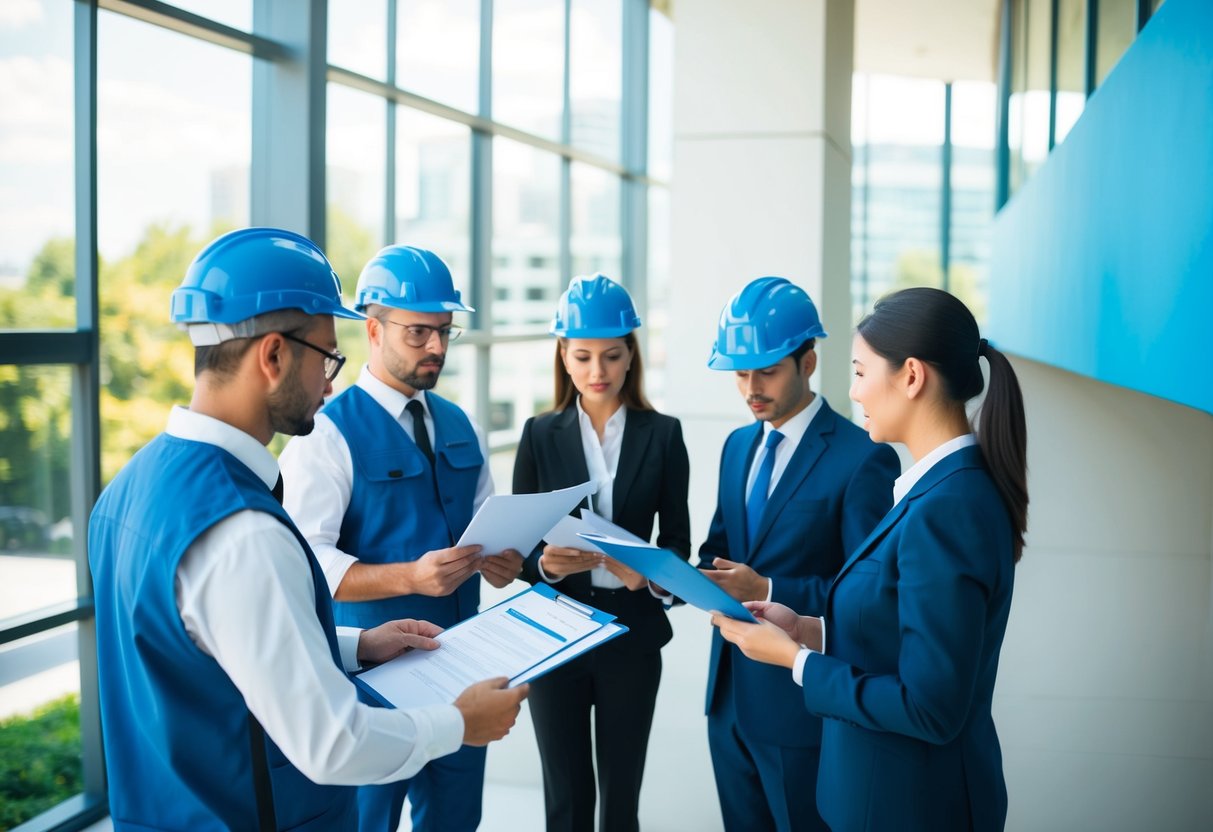 Un groupe de peintres et d'entrepreneurs examinant des documents juridiques et discutant des processus de passation de marchés publics pour des contrats de peinture et de revêtement.