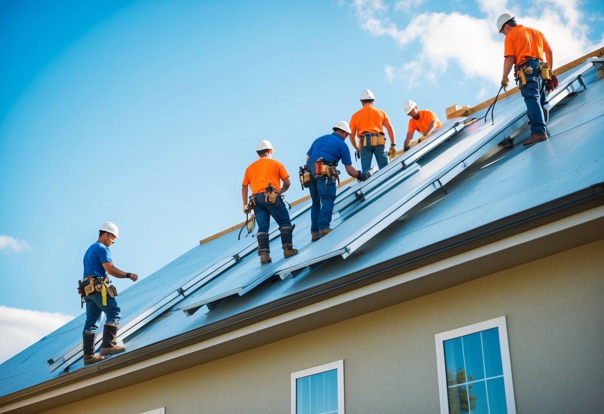 Un groupe de travailleurs de la construction inspectant et installant des matériaux de toiture sur un grand bâtiment sous un ciel bleu clair.