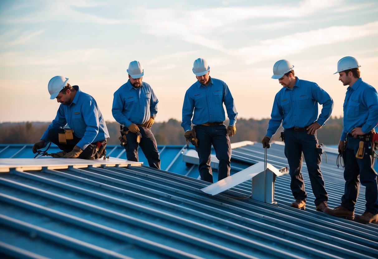 Un groupe de travailleurs inspectant et entretenant de grandes structures de toiture pour des contrats publics