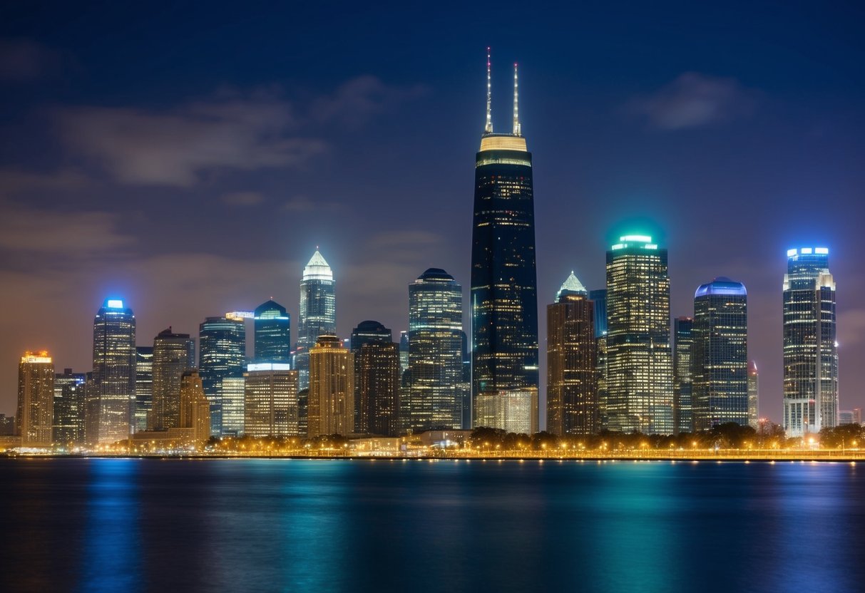 Une ligne d'horizon de la ville la nuit avec des lampadaires illuminés, mettant en valeur un éclairage public efficace