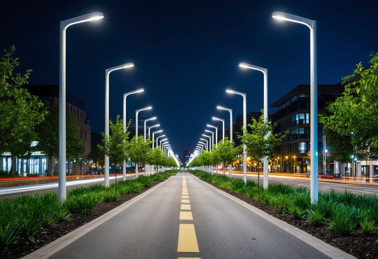 Une rue de la ville la nuit avec des lampadaires LED modernes et de la verdure, mettant en avant la durabilité environnementale pour les contrats d'éclairage public.