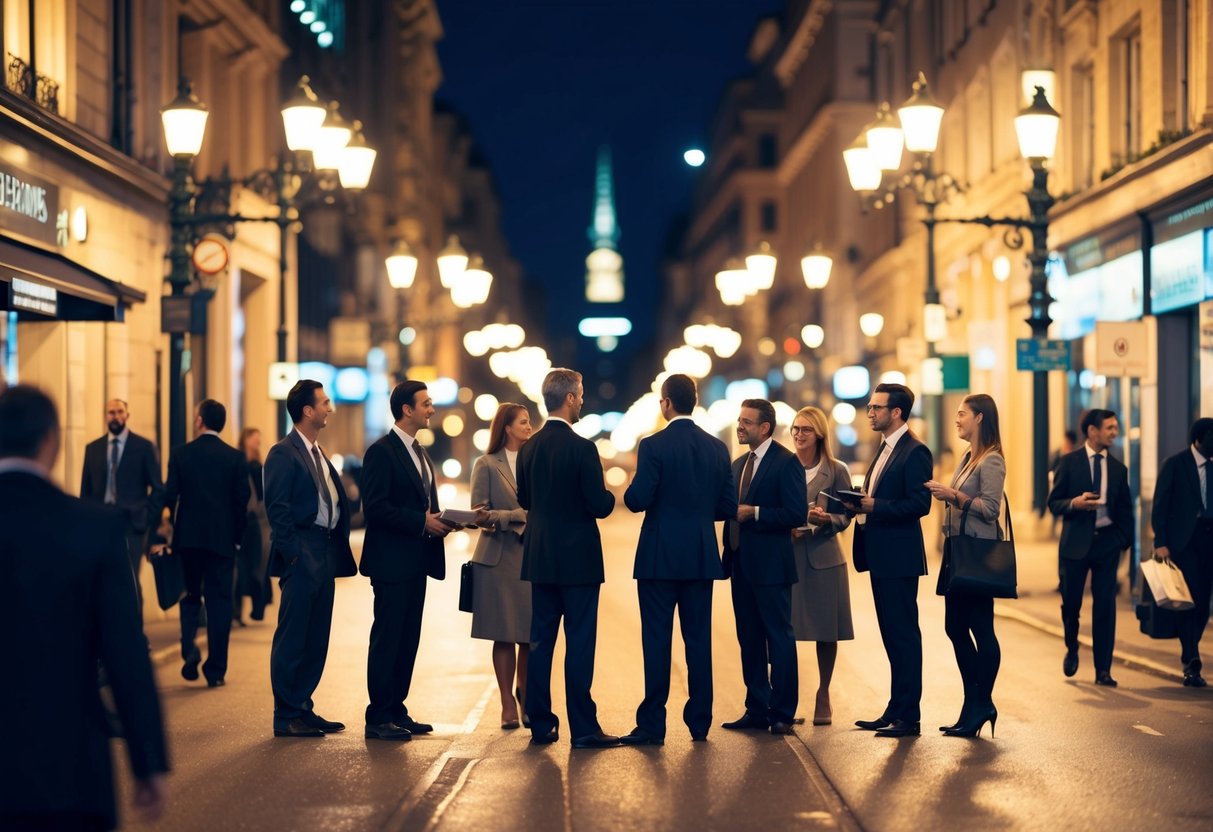 Une rue animée de la ville la nuit, avec des lampadaires illuminés diffusant une lumière chaleureuse. Un groupe de personnes discutant affaires sous la douce lumière.