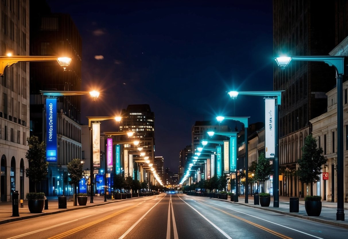 Une rue de la ville la nuit, éclairée par divers styles de luminaires publics