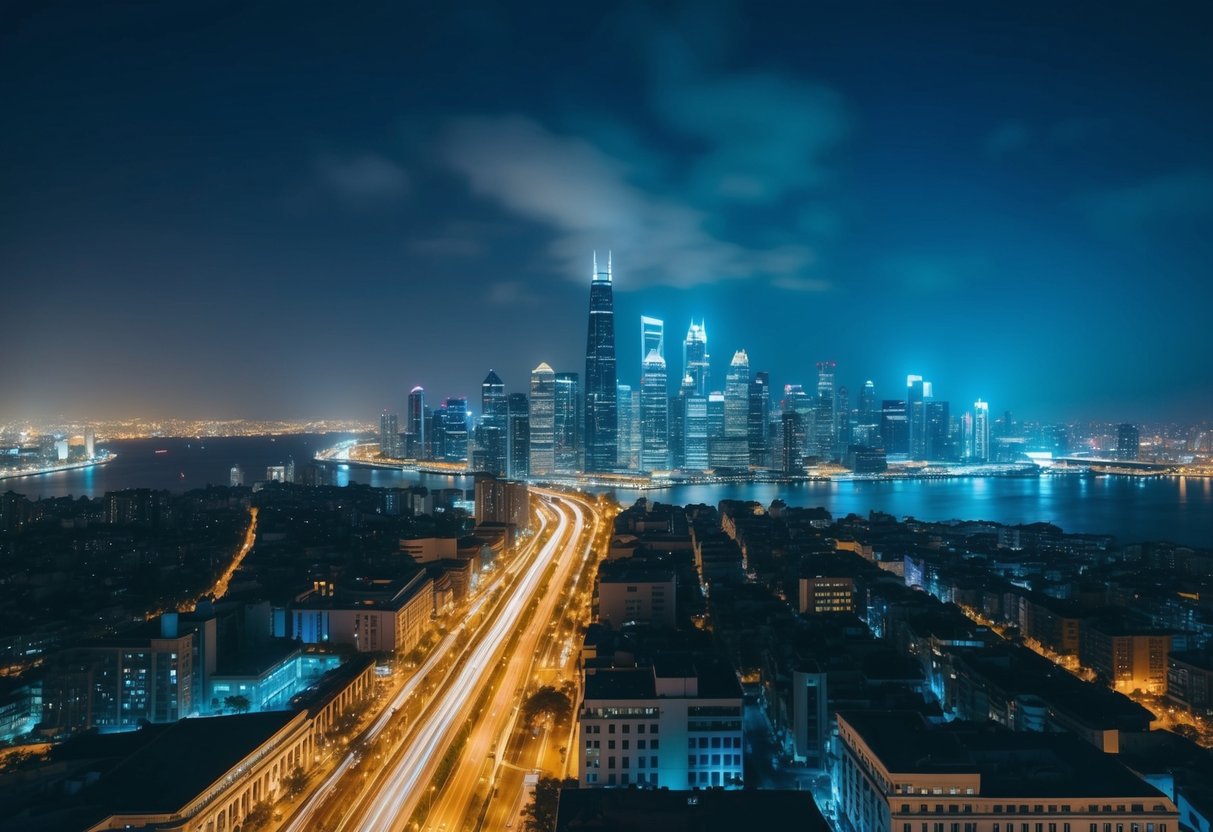Une silhouette de ville la nuit avec des rues et des bâtiments illuminés, mettant en valeur une infrastructure d'éclairage public efficace et organisée.