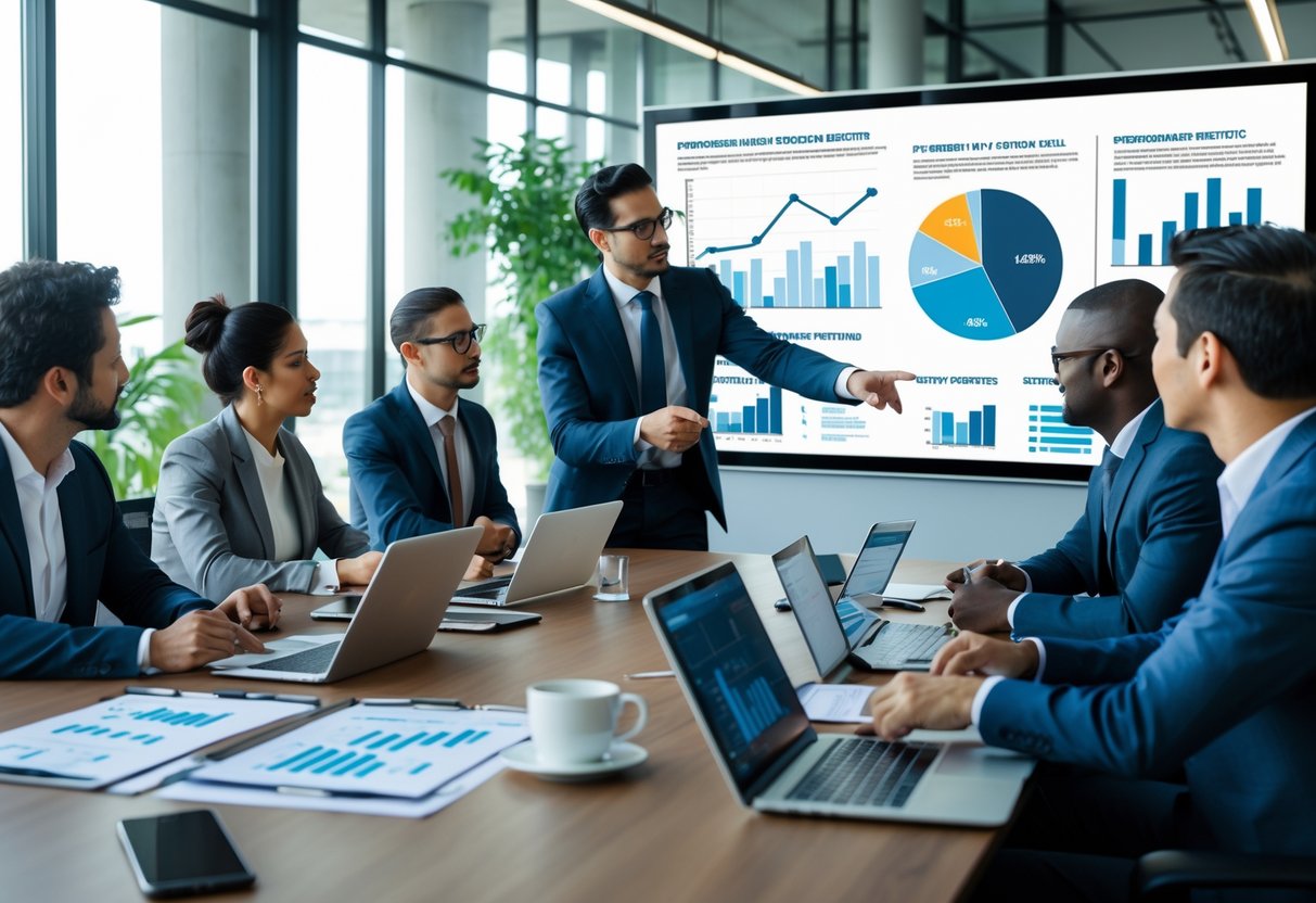 Un groupe de professionnels en réunion autour d'une table, regardant des graphiques et des tableaux de performance affichés sur un écran dans un bureau moderne.