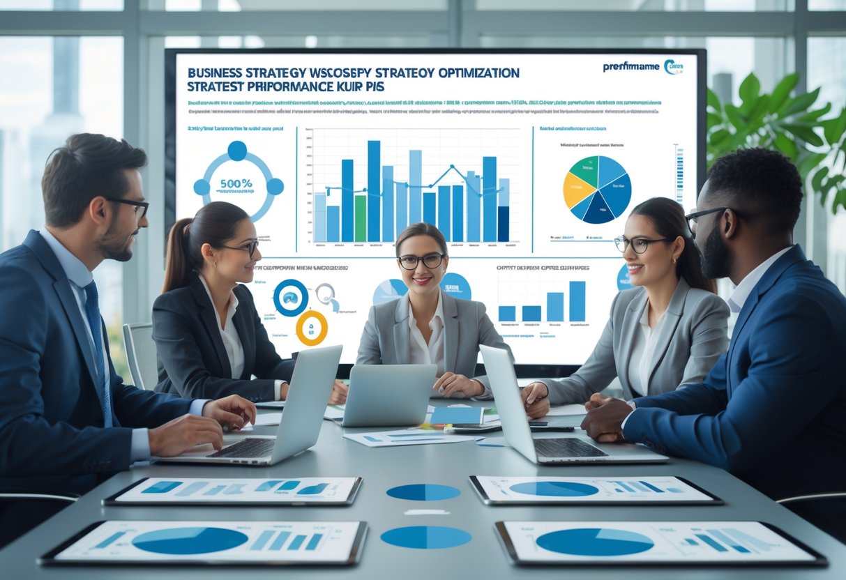 Des professionnels en réunion autour d'une table de conférence avec des ordinateurs et des graphiques affichant des données analytiques.