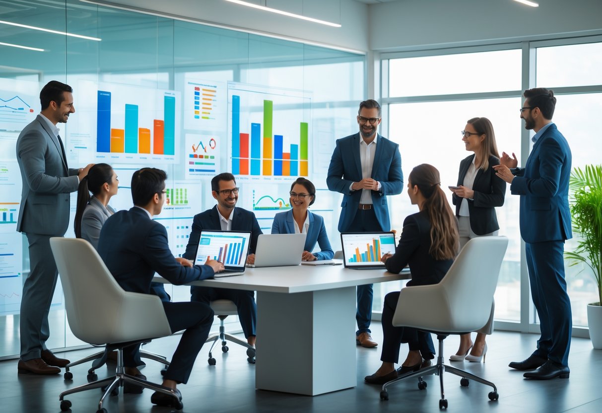 Groupe de professionnels en réunion autour d'une table avec des graphiques et données visibles sur des écrans et un tableau en verre.