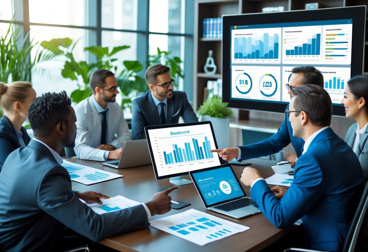 Un groupe de professionnels en réunion autour d'une table de conférence avec des ordinateurs et un écran affichant des graphiques de données.