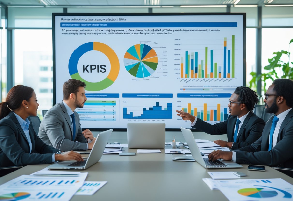 Un groupe de professionnels en réunion autour d'une table de conférence avec des graphiques et des données affichés sur un écran numérique.