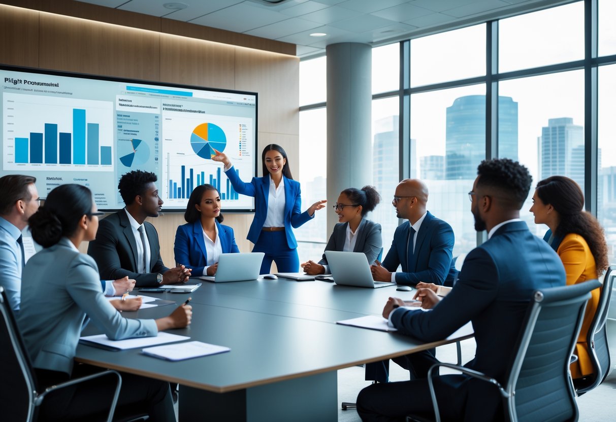 Des professionnels en réunion dans un bureau moderne discutent autour d'une table avec un écran affichant des graphiques liés à la stratégie des achats publics.