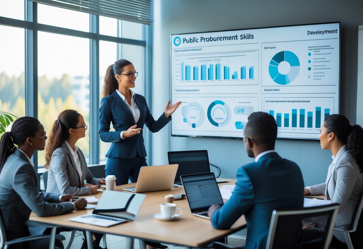 Un groupe de professionnels en formation dans un bureau moderne, discutant et travaillant ensemble autour d'un écran numérique.