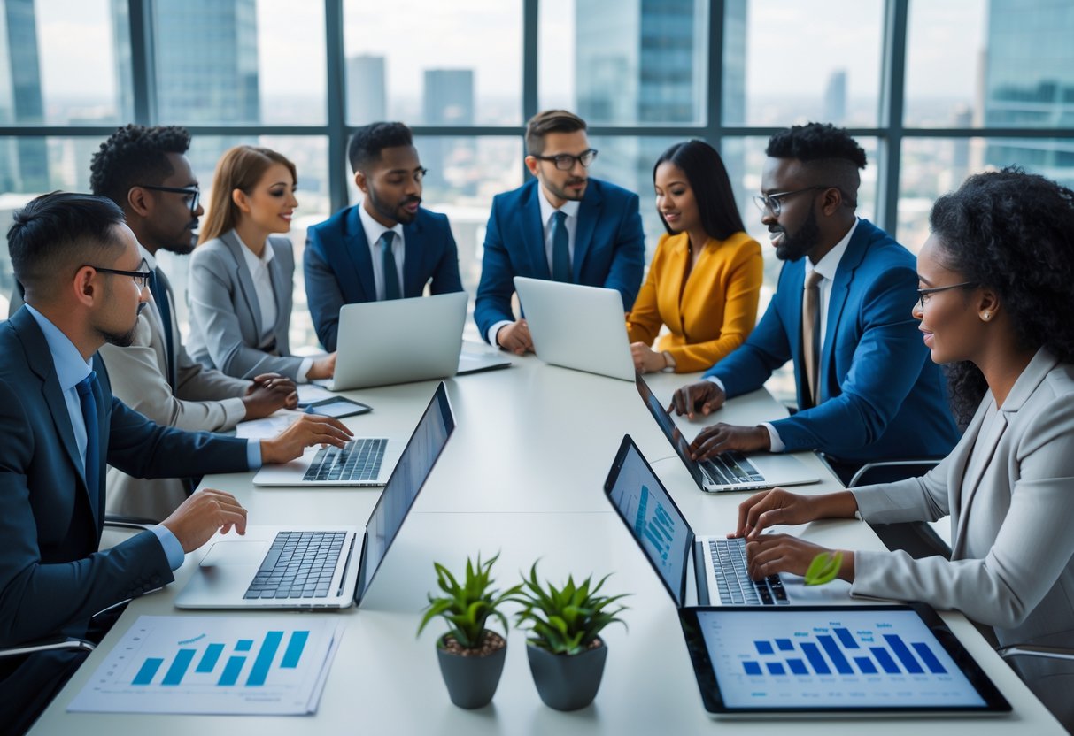 Des professionnels en réunion autour d'une table de conférence, discutant de stratégies avec des graphiques sur des appareils numériques dans un bureau moderne avec une vue sur la ville.